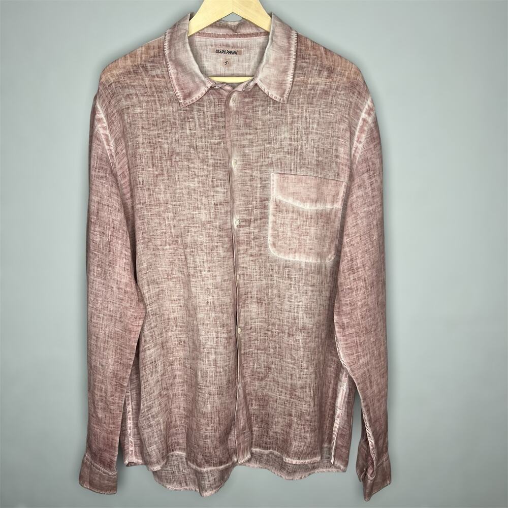 Europann Linen Button Down Shirt XL Mens Mauve Long Sleeve Burnout Pocket Preppy